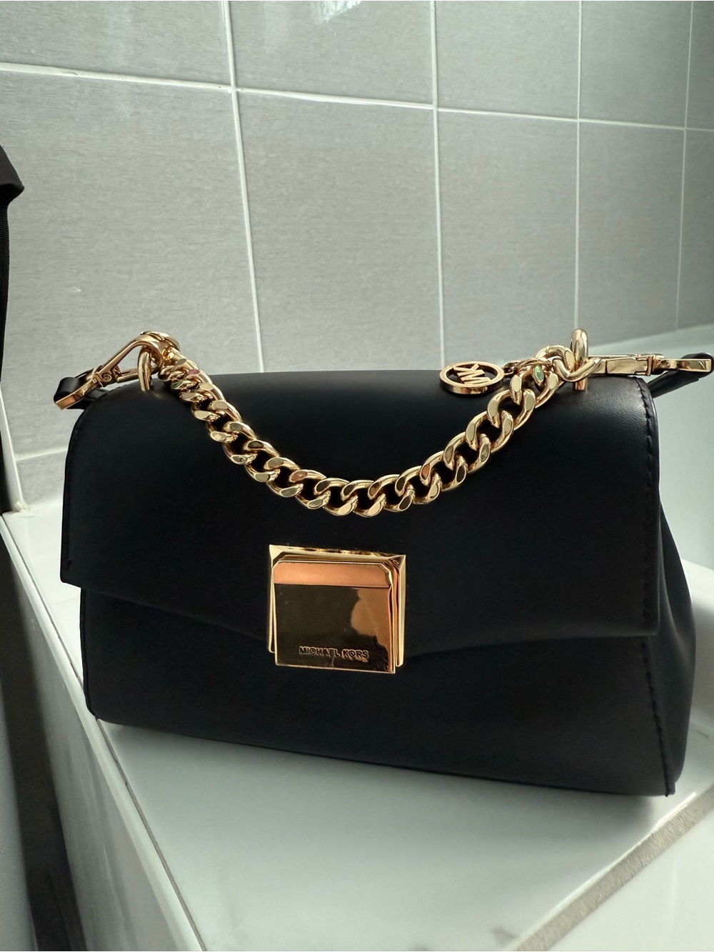 Michael Kors Lita Small Black Leather Shoulder Bag with Gold Chain